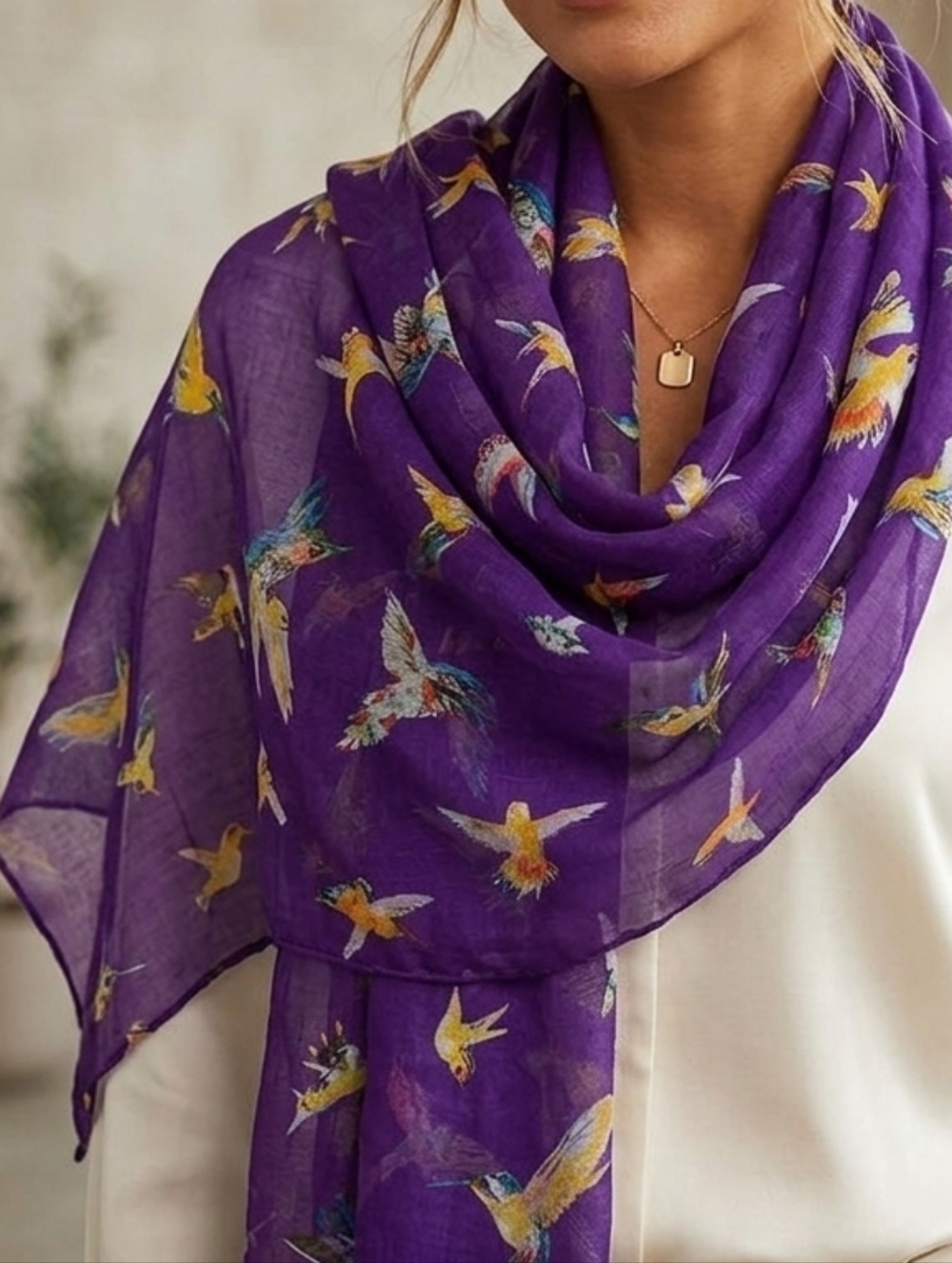 NWT Purple Hummingbird Print Lightweight Scarf Shawl Head Wrap | 70" x 33"